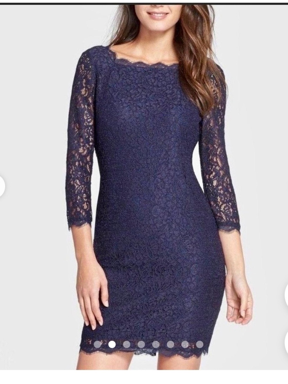 Arianna Papell Lace Sheath Dress with Scalloped Neckline - Navy Size 14